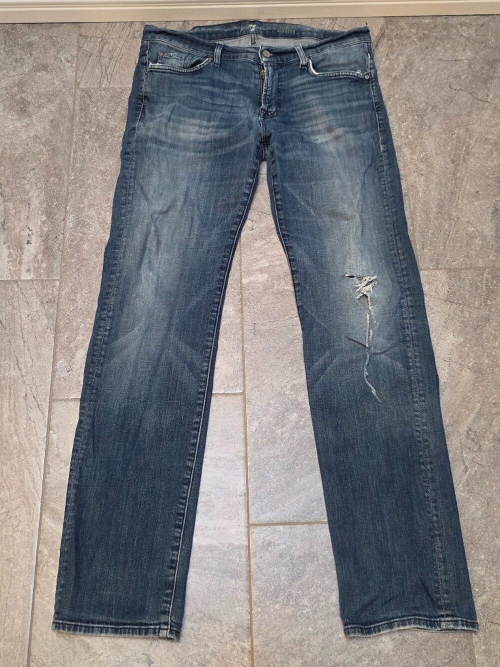 7 For All Mankind Men's Blue Medium Wash Denim Slim 34x32 Jeans Stretch VTG Y2K